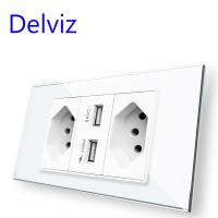 Delviz Brazil Standard Socket  White Tempered Glass Panel  USB socket 2100ma  Size 120mm*72mm  With USB Ports Wall Power Outlet