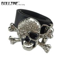 {EDDLYT} Bullzine Zinc Alloy Rhinestone Skull Belt Buckle With Silver Finish 4Cm Width Loop PU Belt With Connecting Clasp