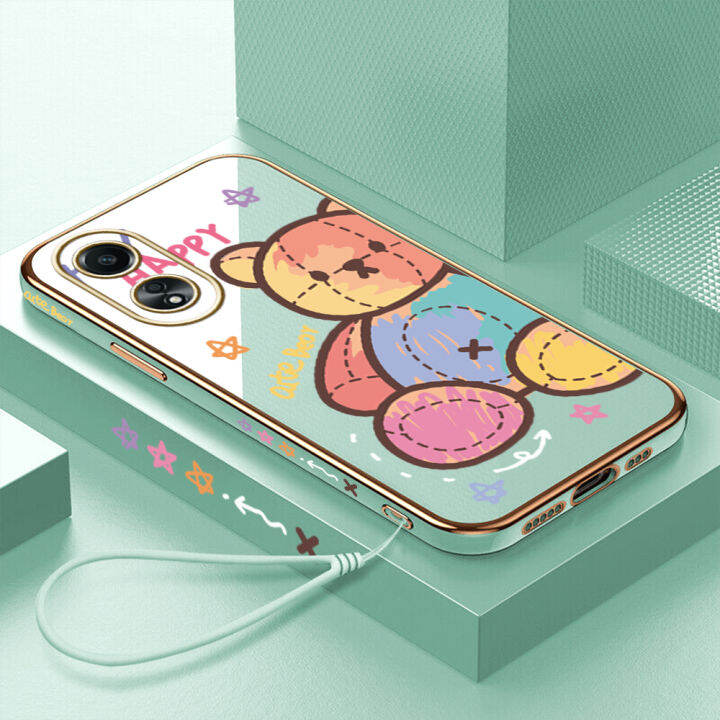 ggk-สำหรับ-a58-oppo-4g-เคสลายตุ๊กตาการ์ตูนหมีฟรีสายคล้องสีขอบสี่เหลี่ยมเคสโทรศัพท์ชุบหรูหราเคสโทรศัพท์นิ่ม