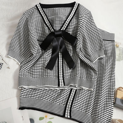 Summer Vintage Knitted 2 Piece Set Women Crop Top + Bodycon Mini Skirts Sets Striped Short Sleeve Sweater Skirt Two Piece Suits