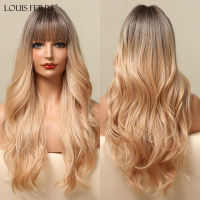 LOUIS FERRE Long Water Wave Wigs Synthetic Ombre Blonde Hair with Brown RooteHeat Resistant Cosplay Wigs with Bangs for Women