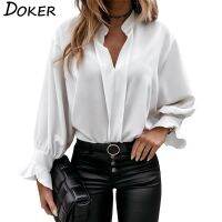 Autumn White Blouse Women Fashion V-neck Ruffle Long Sleeve Elegant Office Ladies Shirts Plus Size Casual Tops And Blouses Femme