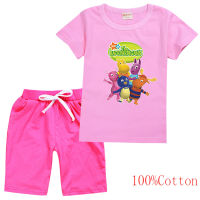 Backyardigans เสื้อยืดชุดเด็กผู้หญิงแขนสั้น Tee เสื้อกางเกงขาสั้น8836แฟชั่นการ์ตูนผ้าฝ้าย TShirt พิมพ์กางเกงน่ารัก