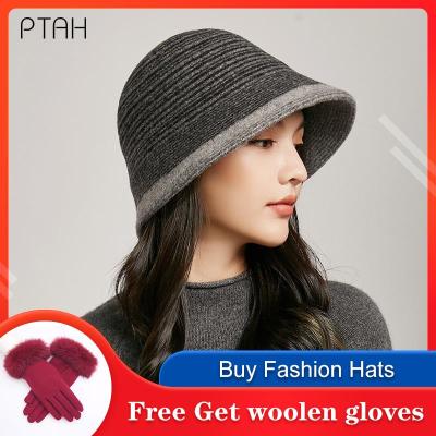 [PTAH] Autumn Winter Bucket Hat Fedora Extra Wide Brim Hats For Women Fashion Knit Hat Winter Warm 100 Wool Caps Hats For Girls