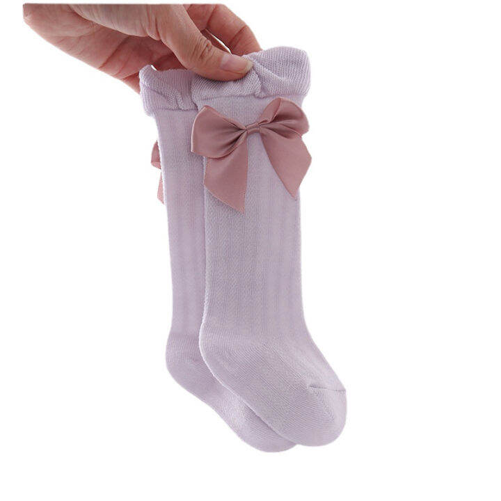 hotssocks-อุปกรณ์เสริมสำหรับเด็กทารกแรกเกิดเข่าถุงเท้าสูงเด็กต้นขาใหญ่สูงสีขาวน่ารักสาวถุงเท้าผ้าฝ้ายถุงเท้ายาวกว่า-bow