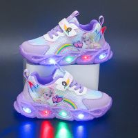 Disney Girls Shoes Led Lights Autumn Mesh Breathable Shoes Frozen Leather Girls Sports Purple Pink Princess Elsa Shoes 22-36