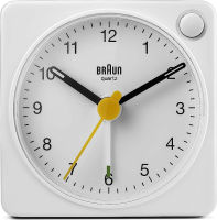 Braun Desk Clock Classic Travel Analogue Clock with Snooze and Light, Compact Size, Quiet Quartz Movement, Crescendo Beep Alarm in White, Model BC02XW, One (Option Select)