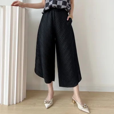 Issey Miyake Miyake Folds กางเกงขาบานสำหรับผู้หญิงดีไซน์ใหม่สำหรับฤดูร้อน