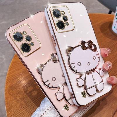 Folding Makeup Mirror Phone Case For OPPO Realme C31 4G  Case Fashion Cartoon Cute Cat Multifunctional Bracket Plating TPU Soft Cover Casing