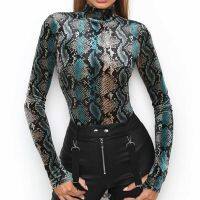 Women y Snake Skin Print High Neck Long Sleeve Bodycon Bodysuit Leotard Tops New Fashion Lady Tops