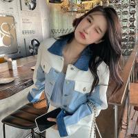 Retro Cargo Denim Jacket ผู้หญิงใหม่สั้น Contrast Spliced Casual Blue