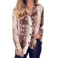 Spring Autumn Women Fashion Slim Vintage Snake Skin Print Blouse Long Sleeve V -Neck Split Button Chiffon Shirt Casual Chic Tops