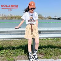 SOLANNA เสื้อผ้าเด็กผญ เสื้อเด็กหญิง ลายสัตว์แฟชั่นเกาหลี เสื้อเชิ้ตแขนสั้นระบายอากาศผ้าฝ้ายสำหรับเด็กผู้หญิง + กางเกงขาสั้นคาร์โก้ชุดสองชิ้น23825