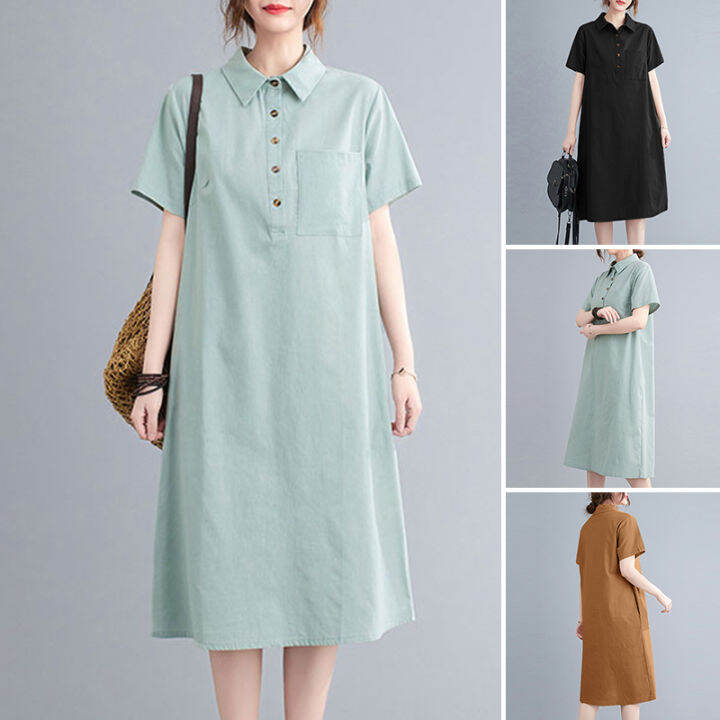 manbei-zanzea-ชุดเดรสผ้าฝ้ายแขนสั้นผู้หญิงขนาดใหญ่-baggy-midi-dress