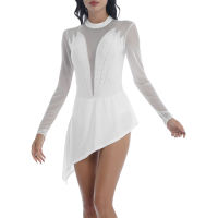 Women Figure Ice Skating Roller Skating Dance Dress Halter Rhinestone Long Sleeve Dancewear Training Dance Comition Costume