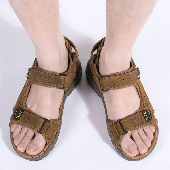 cyou-รองเท้าแตะชายหาดหนังวัวแท้ผู้ชาย-รองเท้าลำลองผู้ชายรองเท้าหนังนิ่มรุ่นใหม่สำหรับฤดูร้อน