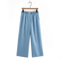 【มีไซส์ใหญ่】Plus Size Womens XL-4XL Elastic Waist Thin Spring Summer Blue Jeans Casual Wide Leg Straight Female Long Trousers