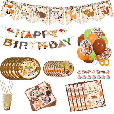 Woodland Forest Birthday Party Decoration Animal Zoo Fox Lion Elephant Boys Disposable Tableware Cake Topper