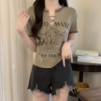 ▽✤ Spring and summer new retro V-neck splicing color bump letter printed short sleeve knitted shirt T-shirt top women