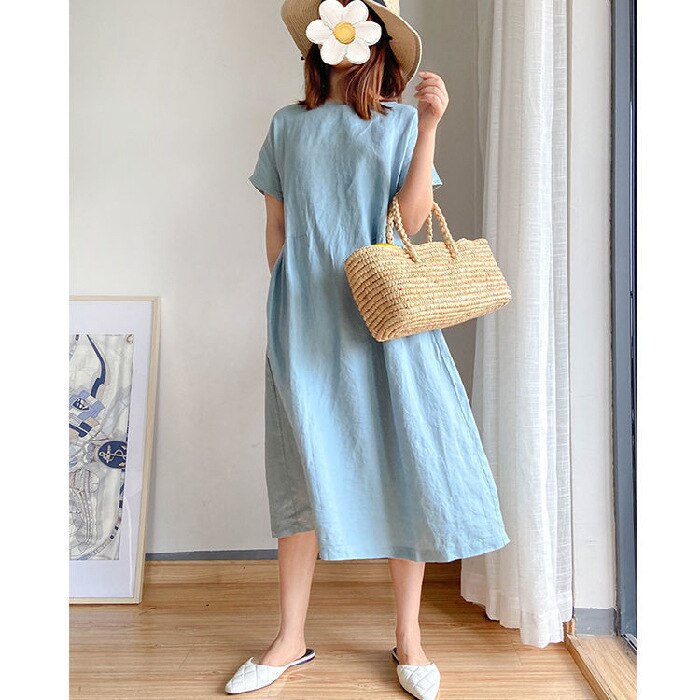Cotton Linen Dress,Women Summer Short Sleeve Solid Mini Dress Casual Loose Pleated Large Size Short T Shirt Dress 