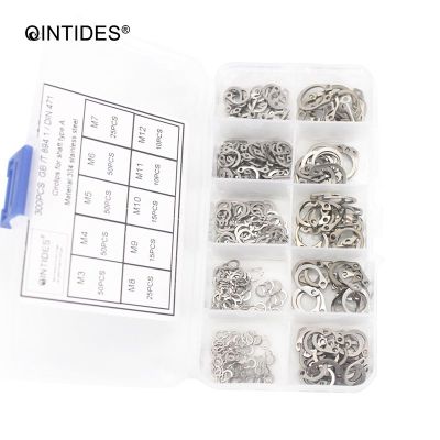 QINTIDES 300PCS M3 - M12 Circlips for shaft type A Assorted kit 304 Stainess steel shaft retaining ring Bearing retainer circlip