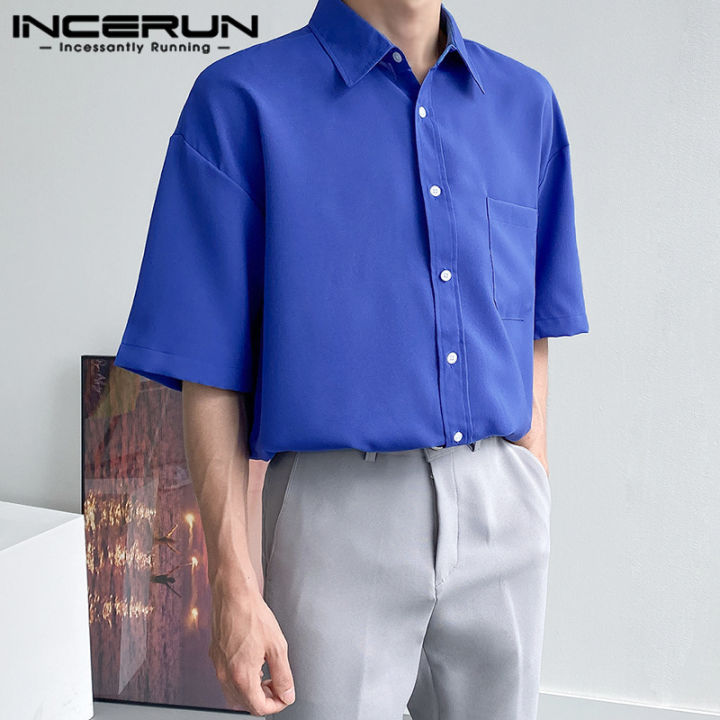 incerun-เสื้อลำลองแขนสั้นสีพื้นใส่ลำลองสำหรับบุรุษเสื้อใส่เดินชายหาดใส่วันหยุดติดกระดุม-สไตล์เกาหลี