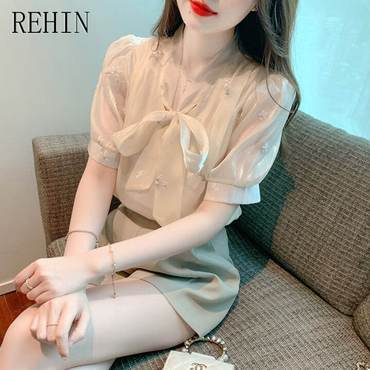 rehin-เสื้อผู้หญิงแขนสั้นเสื้อครึ่งตัวสตรีหวานแหววปักโบว์ลูกไม้แบบมีช่องดีไซน์ฝรั่งเศสใหม่ฤดูร้อน