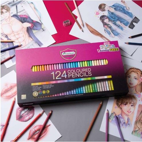 สีไม้-ดินสอสีไม้-แท่งยาว-124-สี-รุ่นใหม่-master-art-ดินสอสี-มาสเตอร์อาร์ตดินสอสีหัวเดียว-แถมฟรี-กบแหลาดินสอ-2-ชิ้นภายในกล่อง