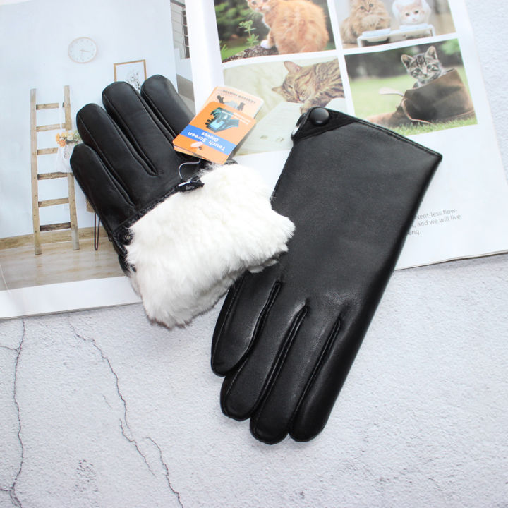 2021Mens new imported sheepskin gloves touch screen button 100 pure rabbit fur lining windproof and warm winter leather gloves