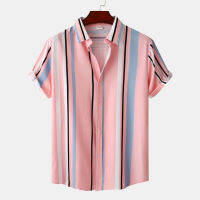 Mens Loose Casual Pink Striped Short Sleeve Shirt Plus Size Lapel Button Stylish Stripes Printed Summer Tops