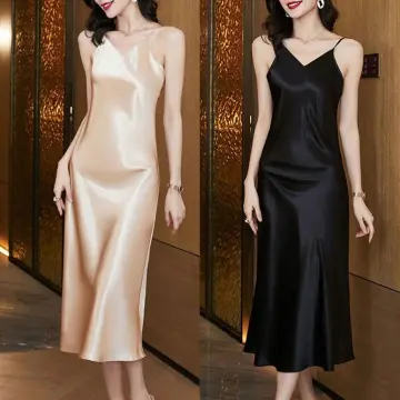 Lady Satin Sling Dress Spaghetti Strap V-neck Camisole Dress Backless  Korean New