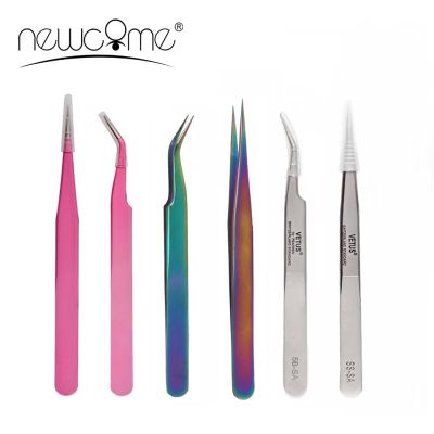 NEWCOME 100 Stainless Tweezers for Eyelash Extensions Curved with Straight Steel Anti Static False Individual Lash Tweezers