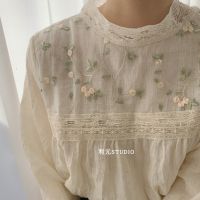 2021 New Womens All-Match Lace Edge Stand Collar Small Fresh Flower Embroidery Loose Shirt Long Sleeve Chiffon Shirt for Women