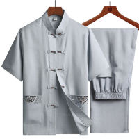 Traditional Chinese Clothing Set for Men Adult Tai Chi Kung Fu Uniforms Linen Short Sleeve Embroidery Casual Costumes