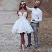 Eightale Short Wedding Dress A-Line Stain Lace Appliques Summer Cute Sleeveless wedding gown White ivory Party Bride Dresses