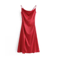 Ordifree  Summer Vintage Women Satin Slip Dress with Slit Black Spaghetti Strap Silk Sexy Long Party Dress