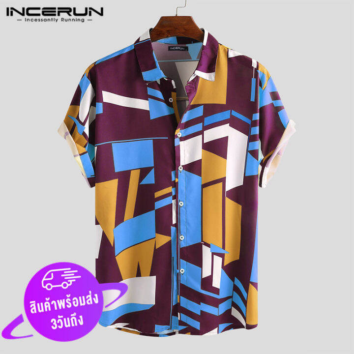 incerun-mens-hawaiianพิมพ์เสื้อชายหาดฤดูร้อนholidayแขนสั้นเสื้อแฟนซีtop