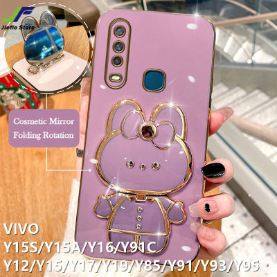 เคสโทรศัพท์กระต่ายน่ารักสำหรับ VIVO Y15S / Y15A / Y16 / Y12 / Y15 / Y17 / Y19 / Y91C / Y85 / Y91 / Y93/Y95ชุบโครเมี่ยมสุดหรูกล่องสี่เหลี่ยมจตุรัสแต่งหน้า Tpuนิ่มชนิดใสฝาครอบโทรศัพท์ + ขาตั้ง