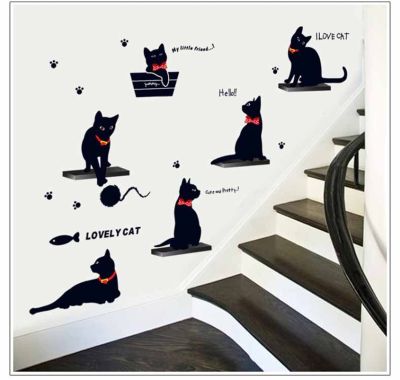 Vinyl Wall Stickers Wallpaper Animal Cartoon Black Cat Family Living Room Sofa Wall Decals House Decoration Poster Home Decor