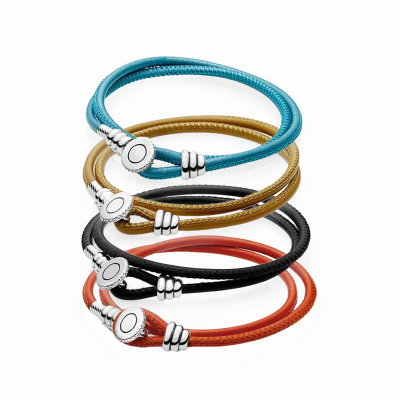 LoveRight Double Loop Genuine Leather Pan-Style Bracelets 925 Silver Buckle Fit Original Beads Charms Jewelry Making
