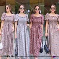 B17451 เดรสแขนพองสม็อคอกลายดอกไม้ Smocked floral puff sleeves dress