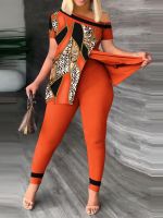 【DT】hot！ Leopard Womens Set Short Sleeve Shoulder Split Side T-shirt and Pants 2023 2 Piece Outfit Tracksuit