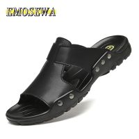 EMOSEWA Genuine Leather Slippers Summer Men Shoes Casual Outdoor Flip Flop Indoor Non-Slip Fashion Beach Sandals Big Size 37-52