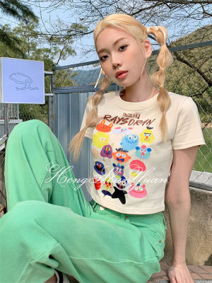 HengShanYuan เสื้อลายการ์ตูนกราฟฟิตี้บุคลิกภาพฤดูร้อนพิมพ์ลายเสื้อยืดสั้น Cewek Seksi ผู้หญิงหวานเจ๋งเข้าได้กับทุกชุด