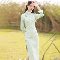 ยาว Cheongsam 2021ปรับปรุงฤดูหนาวใหม่หญิงสาวบวกกำมะหยี่หนาสง่างามลูกไม้ย้อนยุคฤดูใบไม้ร่วงและฤดูหนาว2022