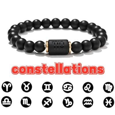 Fashion 12 Constellation Zodiac Sign Charm Bracelet Women Men Lucky Black Natural Onyx Stone Beads Bangle Couple Gifts Wristband