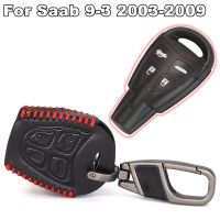 เคสกุญแจรถยนต์ปุ่มกด4ชิ้นหนังแท้ Fob สำหรับ Saab 9-3 93 2003-2009พร้อมพวงกุญแจฝาครอบกุญแจรถยนต์รีโมทสีดำ