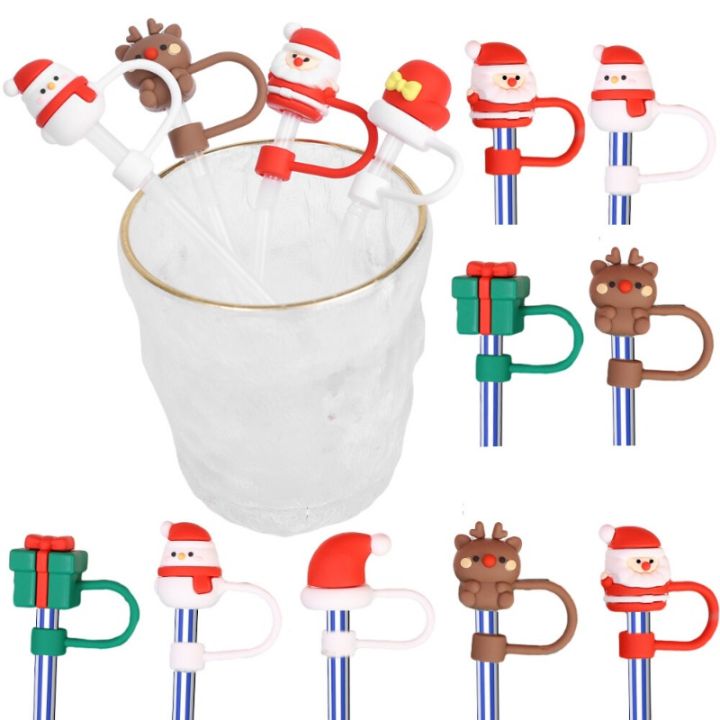 4pcs Elk Santa Claus Snowman Gift Box Silicone Straw Cap, Reusable