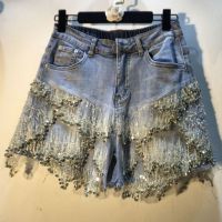 European station 2021 summer dress new heavy industry with diamond beads sequins net gauze high waist show thin wide leg denim shorts women