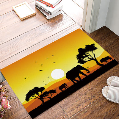 African Sunset Landscape Animal Elephant Anti-Slip Doormat Bedroom Kitchen Mat Bathroom Rug Home Doormat for Entrance Door